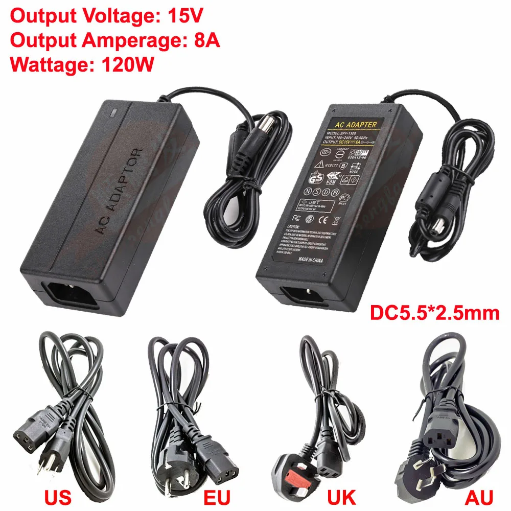 

120W Desktop Power Adapter Supply Transformer AC 110V~240V To DC 15V 8A 5.5x2.5mm Connector Include EU/US/UK/AU Cable Plug