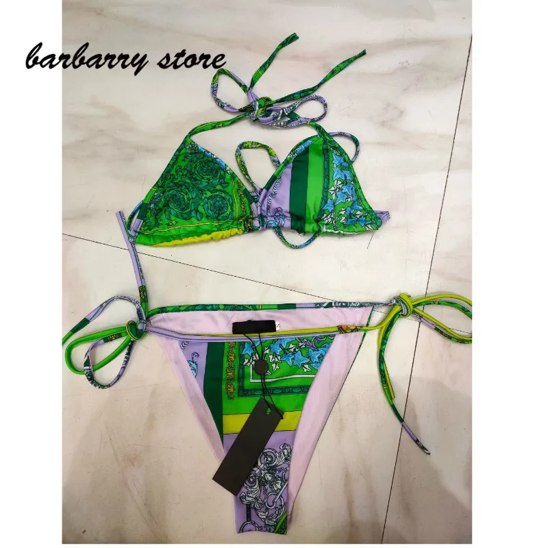 

2021 luxury brand printing fashion women's bikini suit sexy slim gathered Top + low waist briefs swimsuit split two piece set