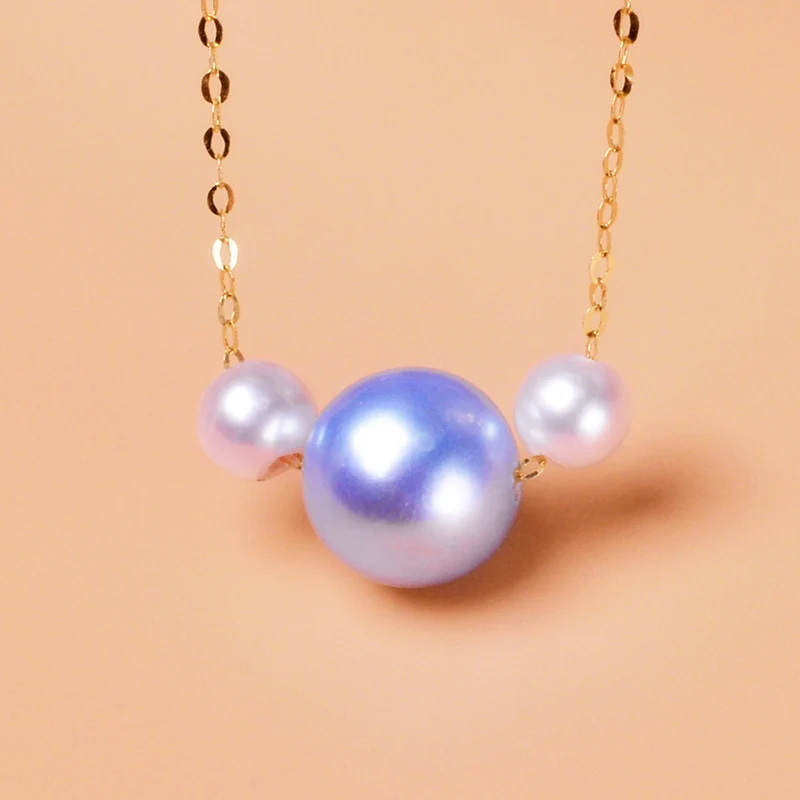 

ZHIXI 18K Gold Necklace Natural Sea Pearl Mickey Pendant 4-9mm Pearl AU750 Women's Party Fine Jewelry