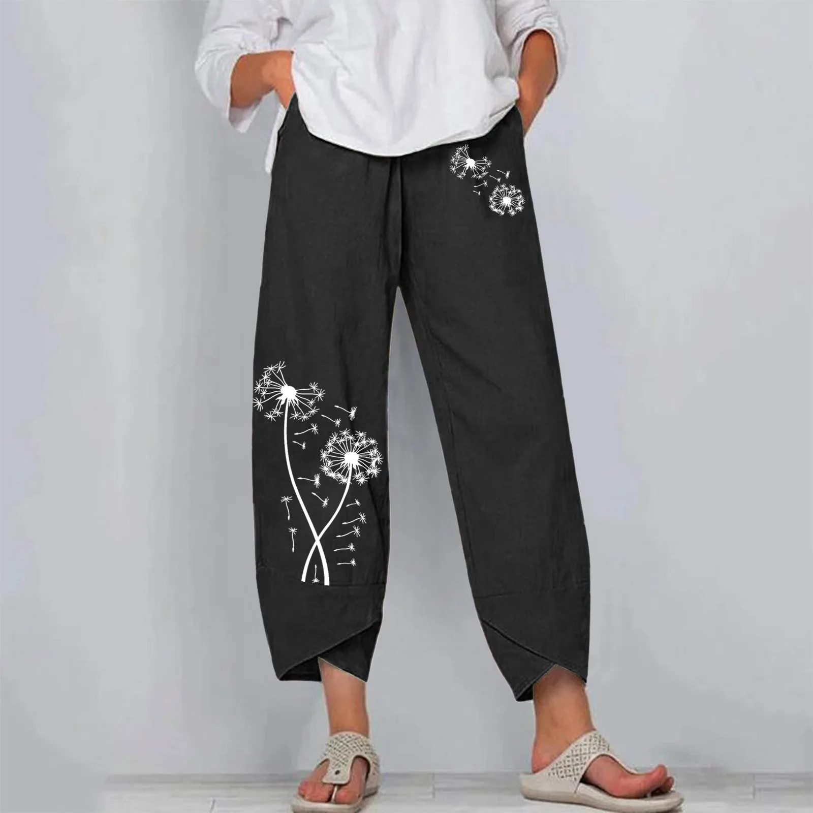 Для женщин из хлопка и льна с карманами повседневные штаны Цветочный принт