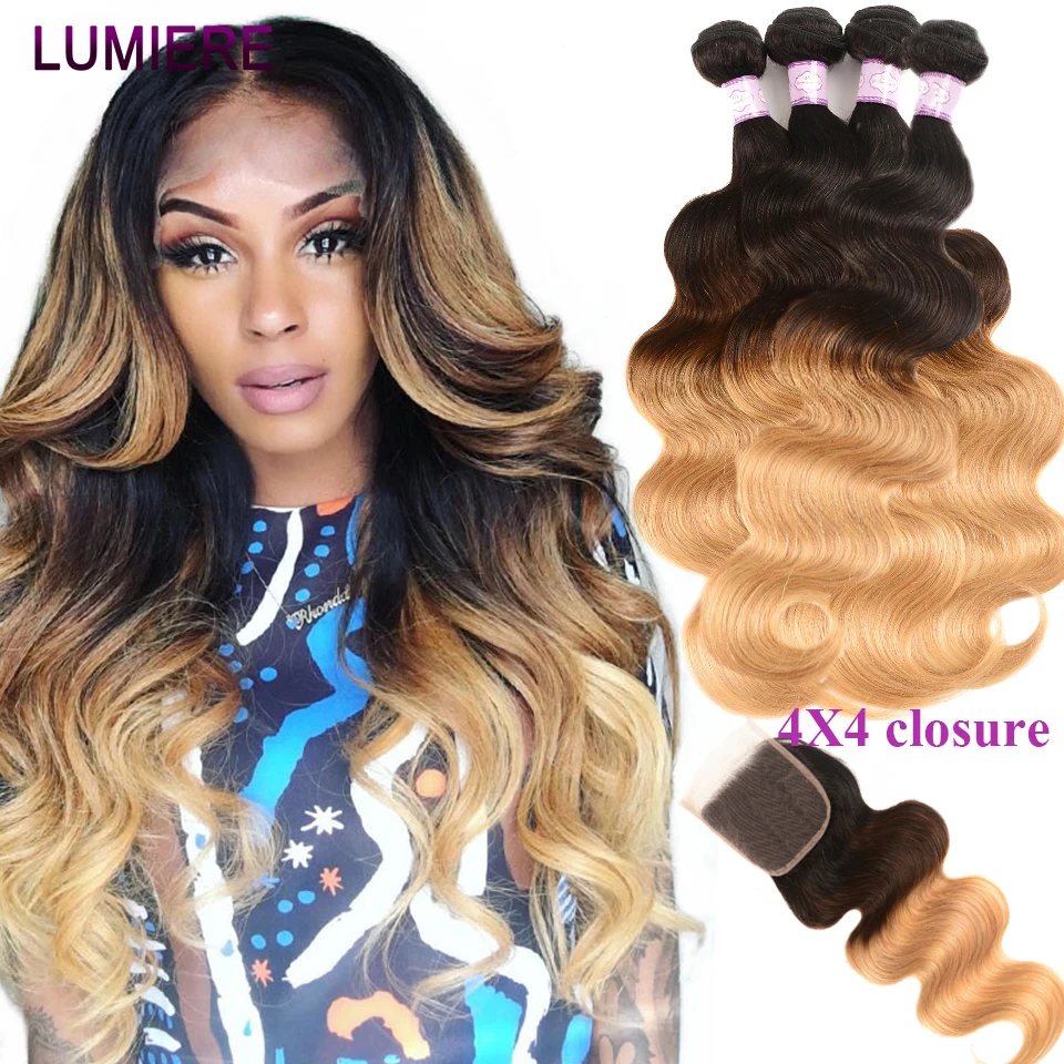 

Lumiere Hair Brazilian Hair Weave Bundles With Closure Ombre Body Weave Human Hair 4 Bundles With 4x4 Closure 1B/4/27 Non-Remy