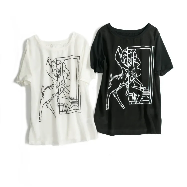 

silk tops women's t-shirt black printed deer short sleeve mulberry plus size 2020 spring summer high-quality mom loose free ship