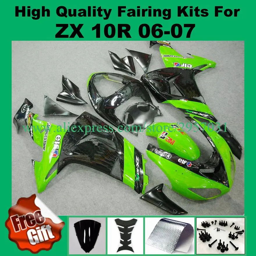 Free screws+gifts for KAWASAKI Ninja ZX10R 2006 2007 06 07 zx 10r ABS Green Black Fairings set | Автомобили и мотоциклы