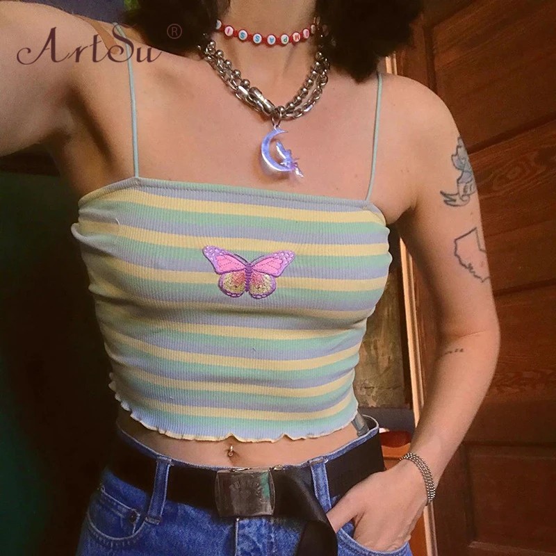 Кроп топ женский в полоску с принтом бабочки и вырезом лодочкой|Майки| |