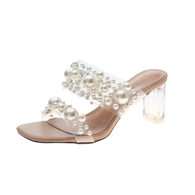 

Summer 2021 transparent pearl sandals women's high heeled thick heeled crystal high heeled shoes