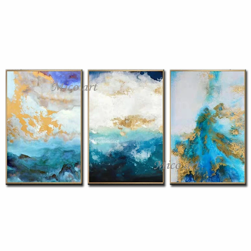 

No Framed Hand Painted 3 Beautifully Combined Abstract Oil Painting On Canvas Hand-Painted Gold Leaf Painting Modern Home Livin