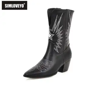 SIMLOVEYOженские ботильоны в ковбойском стиле, с острым носком, на толстом квадратном каблуке, из искусственной кожи, большие размеры 34-48, черный и белый цвета, Повседневная Осенняя обувь
