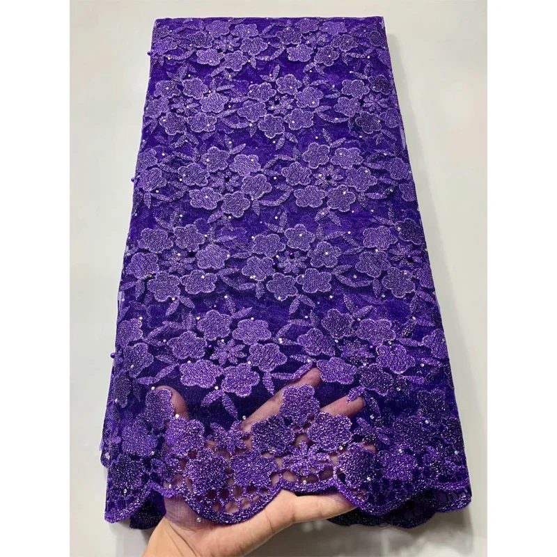 

High Quality African Tulle Guipure Cord Lace Fabric Latest Nigerian French Network Cord Lace Fabric With Beads For Dress 5yards