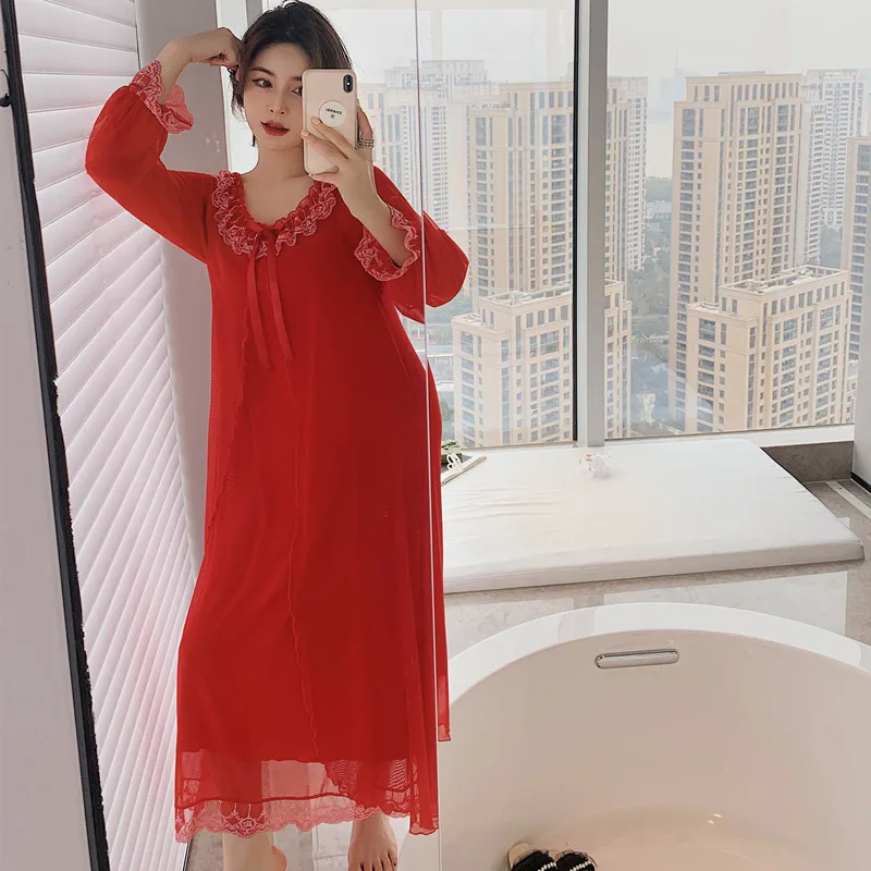 

Goddess French Nightgown Modal Court Style Vintage Sleeping Dress Wedding Bride Round Neck Lace Bow Sleepwear 2021 Spring New