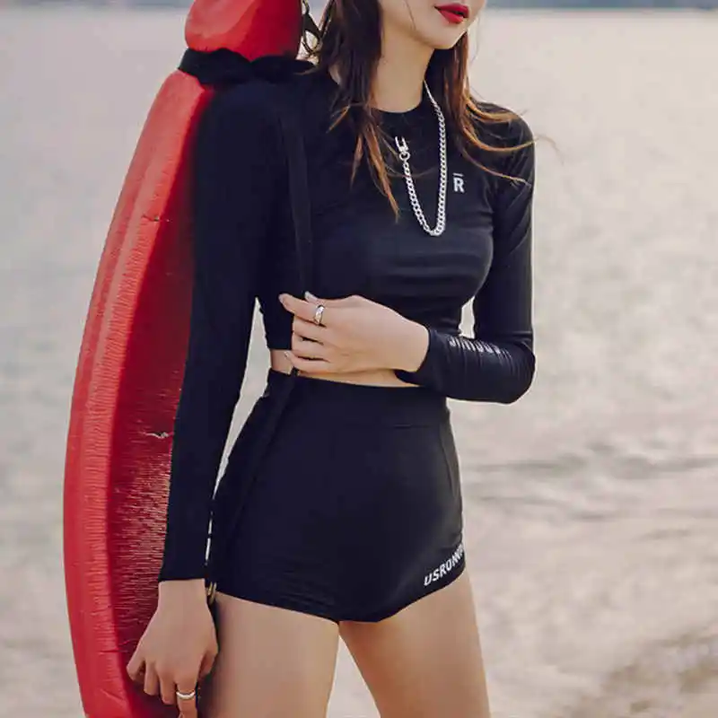 

Новинка 2021, Модные Черные Боксеры феи с длинными рукавами и буквенным принтом, боксеры с разрезом, из двух частей, консервативный облегающий купальник с высокой талией для женщин