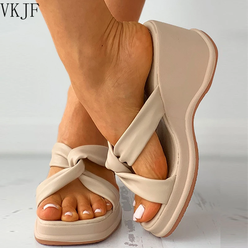 

Women Slippers Summer 2021 Mid Heels Platform Casual Ladies Wedges Shoes Solid Color Fashion Simple Slides Female Beach Footwear