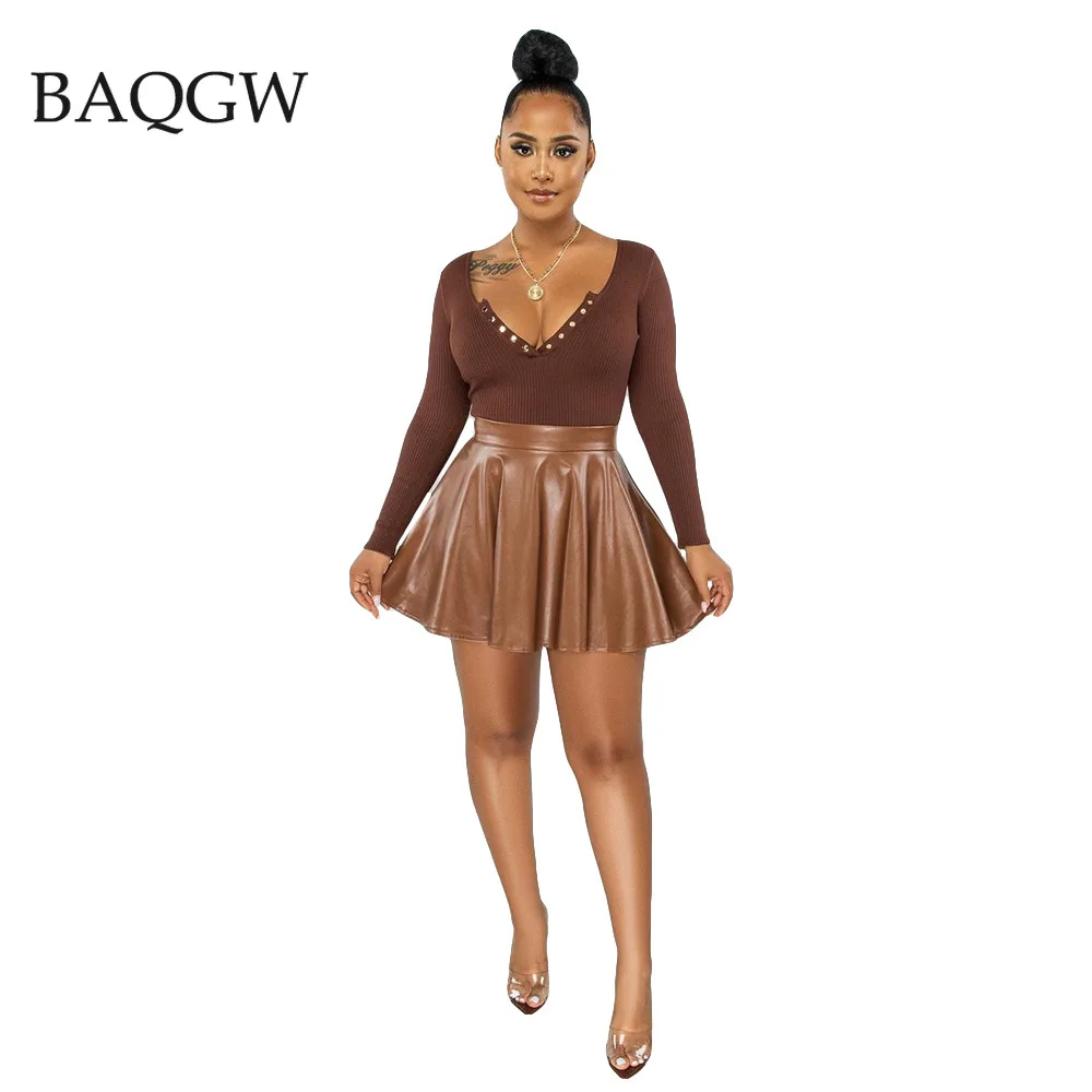 Модная мини-юбка из искусственной кожи Женский комплект двух предметов