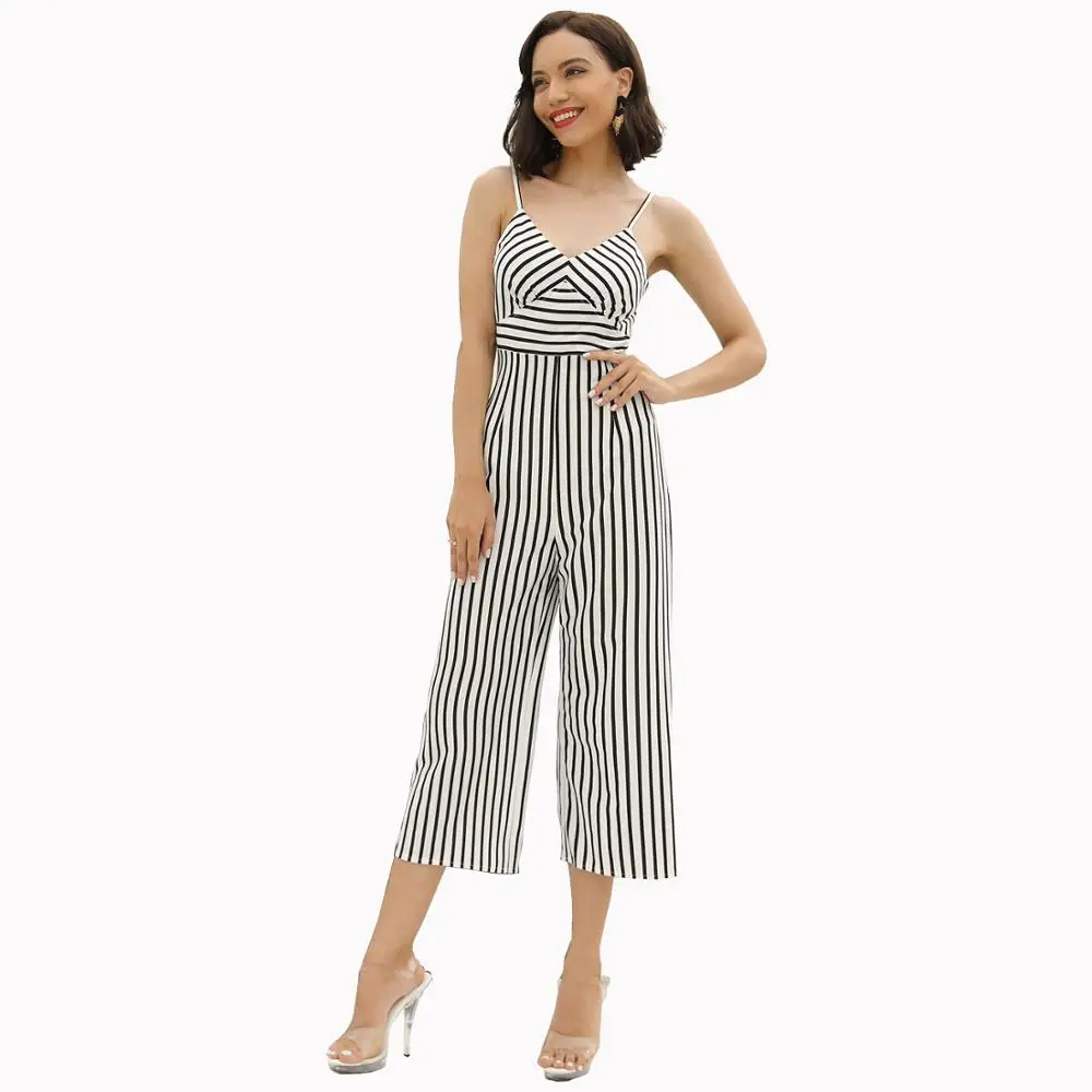 European and American women's wear, stripe design, suspender jumpsuit, casual wide-leg pants