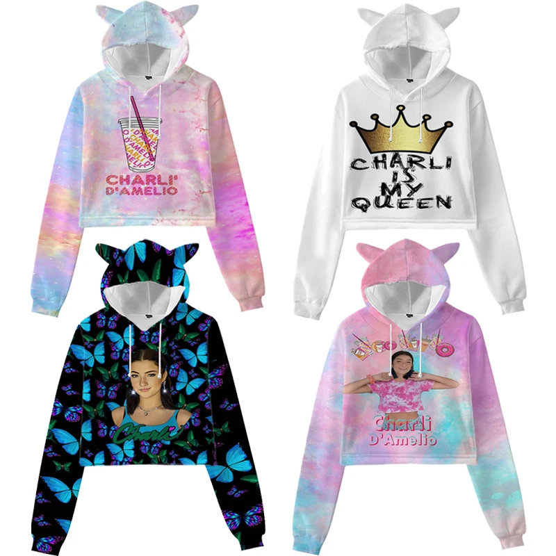 

Women Girls Charli Damelio 3D Print Hoodies Female Teens Kawaii Cat Ear Sweatshirts Crop Tops Kids Pullovers Hip Hop Streetwear