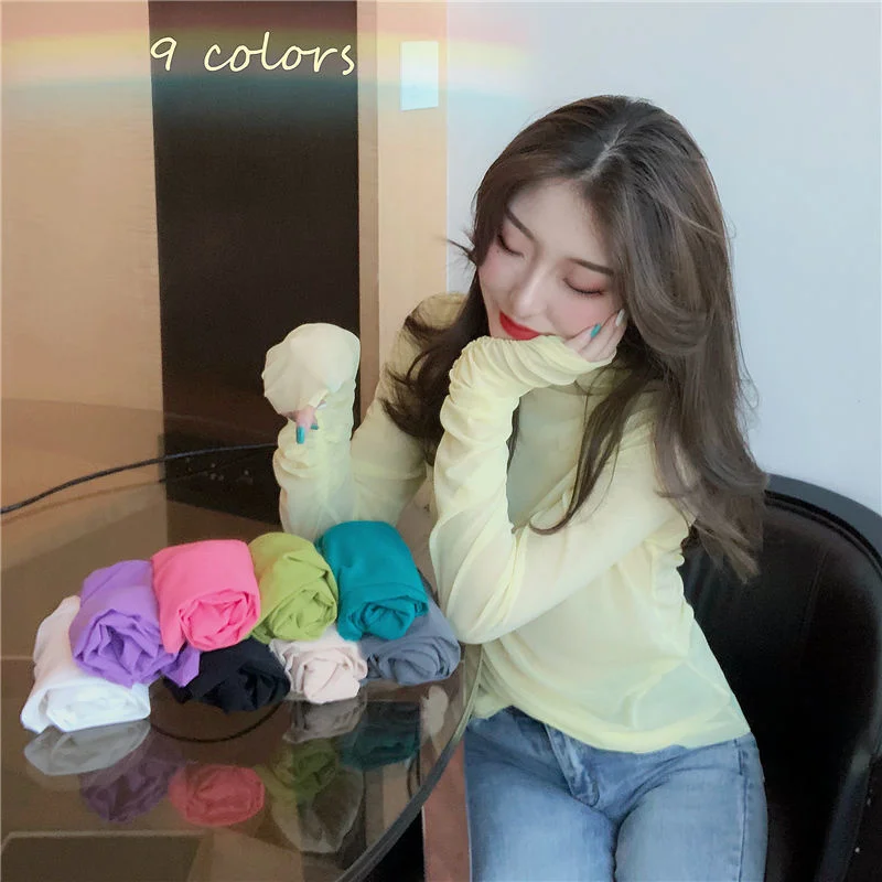 

Блузка Женская Осенняя с высоким воротником, сетчатые Прозрачные рубашки с длинным рукавом для женщин, блузки, одежда для женщин