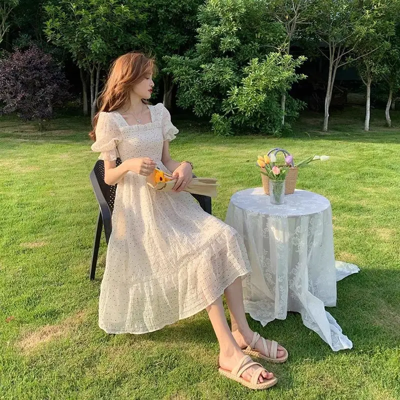 

Summer New Sweet Dress Short Sleeve Elegant Dress Floral Design Chiffon Korean Square Neck Party Skirt Dresses Women 2021
