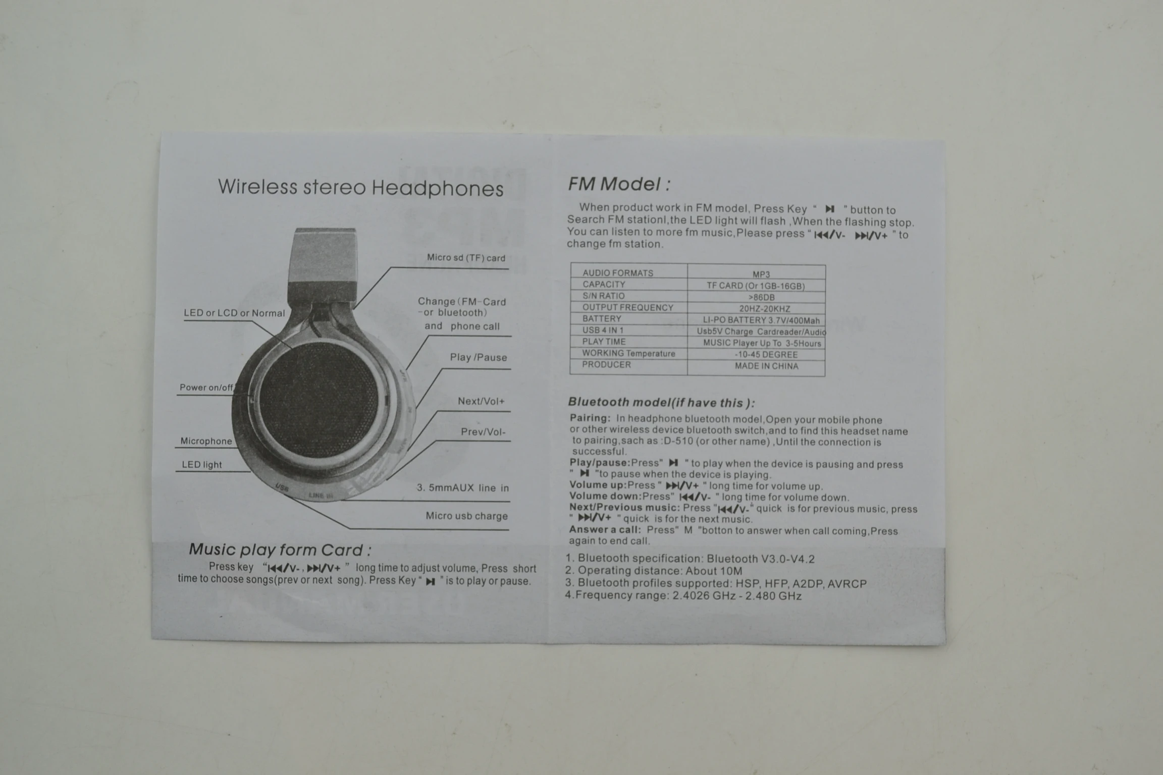 

Wireless Bluetooth stereo headset headphone with Microphone for mobile phone music headset