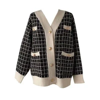 2021 ladies single breasted autumn winter harajuku checkered v neck fashion sweater cardigan long sleeve jacket women commute
