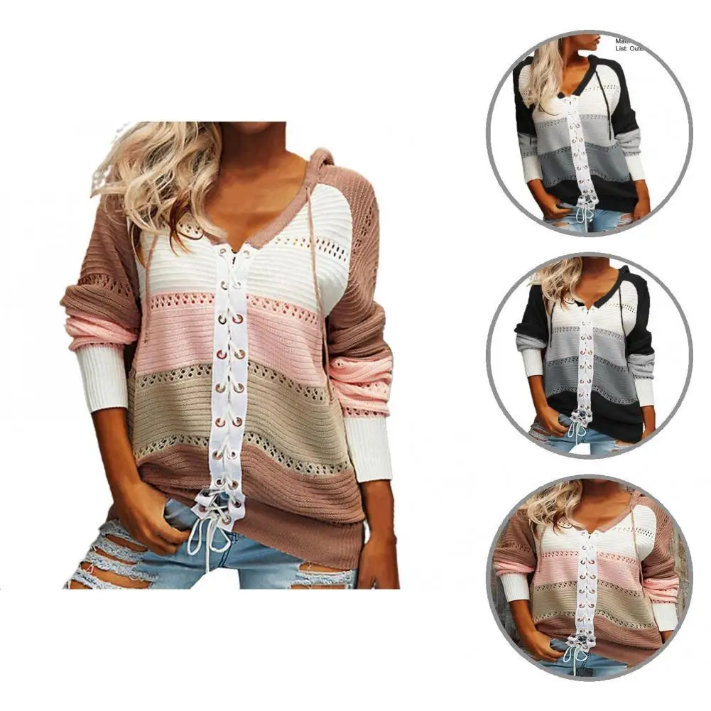 

Knitted Coat Long Sleeve Cardigan Sweater Casual Cold Resistant Fashion Color Block Lacing Up Knitted Cardigan