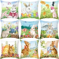 easter throw pillow cushion cover bunny in hand drawn style with eggs and blossoms retro decorative square accent pillow case