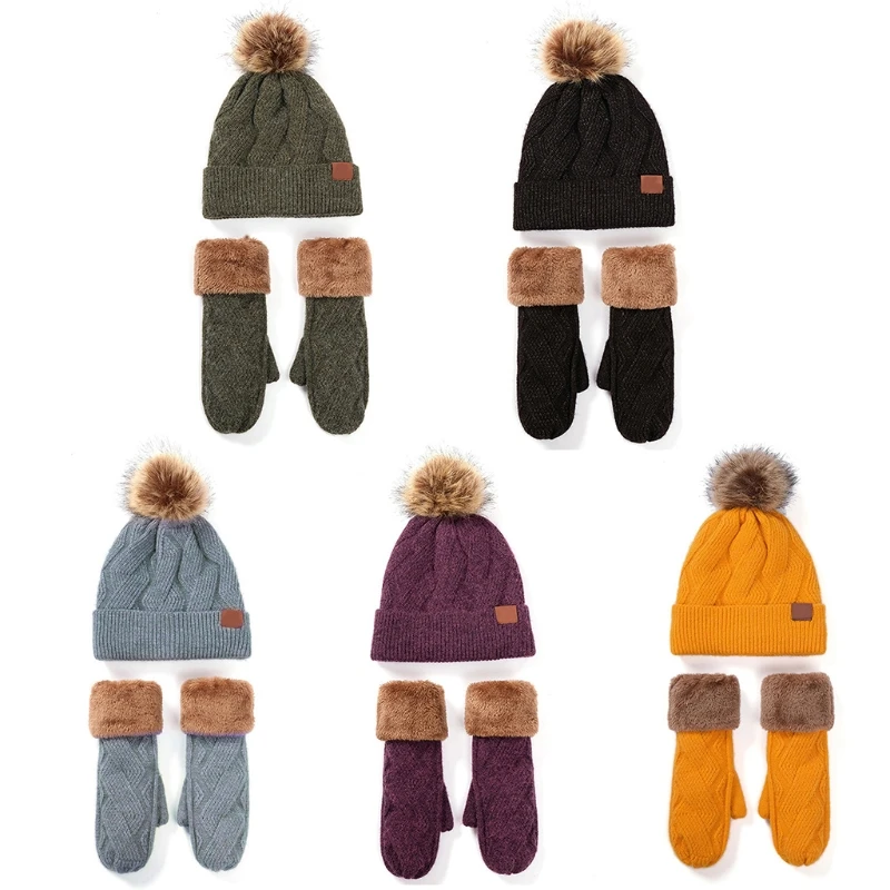 

2 Piece Women Winter Pompom Beanie Hat Gloves Set Thick Faux Fleece Lined Warm Cable Knit Cuffed Skull Cap Mittens