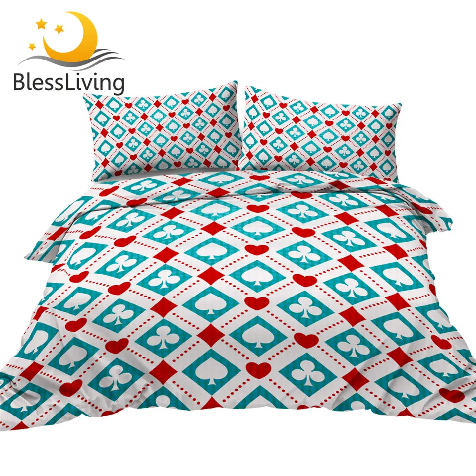 

BlessLiving Poker Bedding Set Blue Red White Bedspreads Games Funny Home Textiles Playing Cards Comforter Cover 3-Piece Dropship