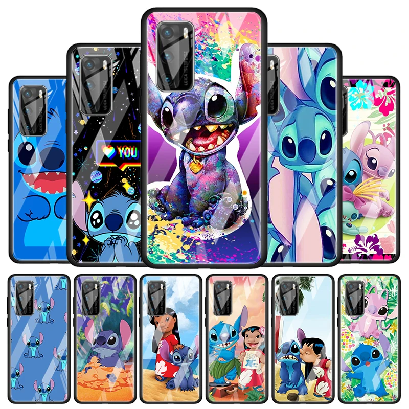 

Stitch cartoon cute for Huawei P40 P30 Pro Plus P20 P10 Lite P Smart Z 2021 2020 2019 Luxury Tempered Glass Phone Case