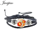 Черный кожаный браслет JWEIJIAO из искусственной кожи, рисунок для резки бумаги, круглые стеклянные металлические кнопки, ювелирные изделия, сувенир PF87