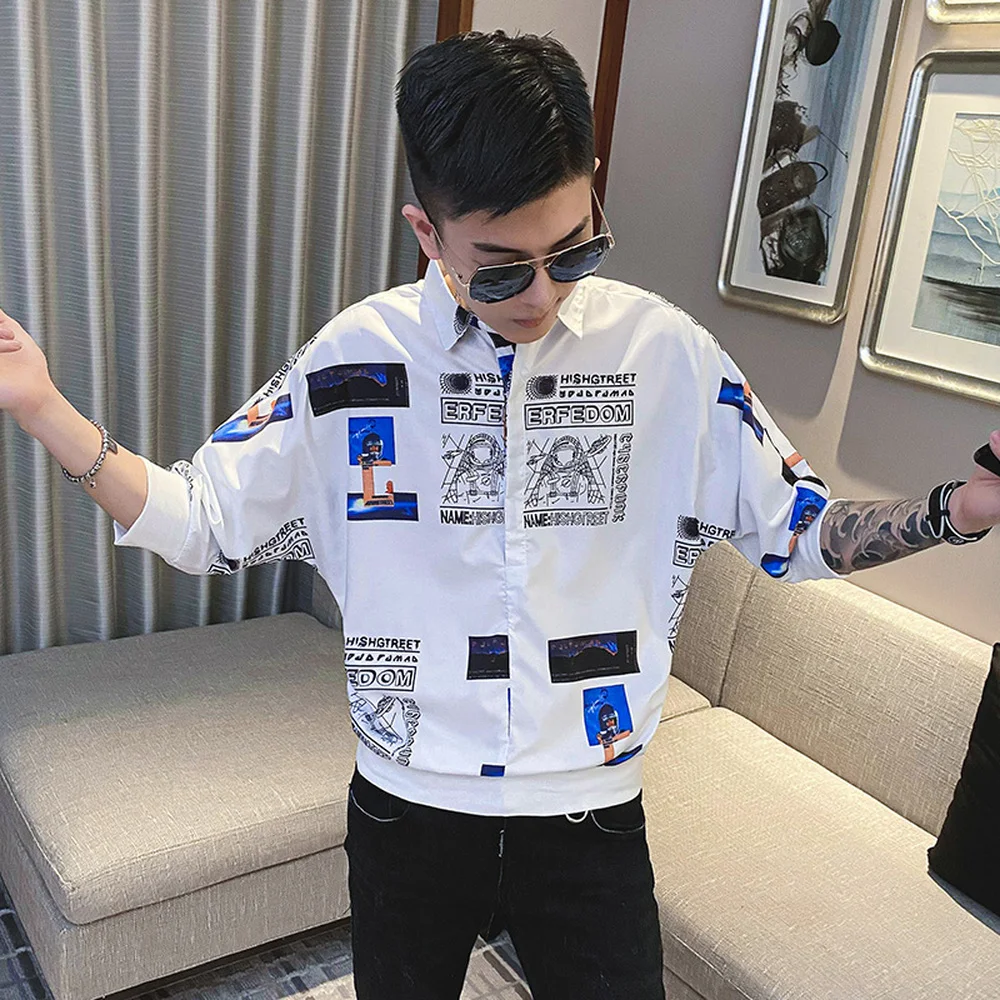 

2021 Summer Shirts Men Short Sleeve Loose Pullover Printed Harajuku Hip Hop Shirt Streetwear Social Party Blouse Chemise Homme