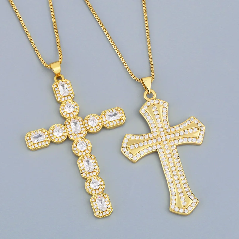 

FLOLA Gold Plated Chain Cross Necklace For Women Crystal White Stone Necklace CZ Cubic Zirconia Religion Jewelry Gifts nkes25