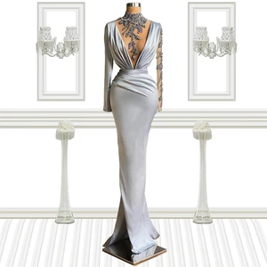 Одежда с длинным рукавом, из прозрачной ткани на рукавах и драгоценный камень серебро платье для выпускного вечера платья церемонии платья партии de noche largos