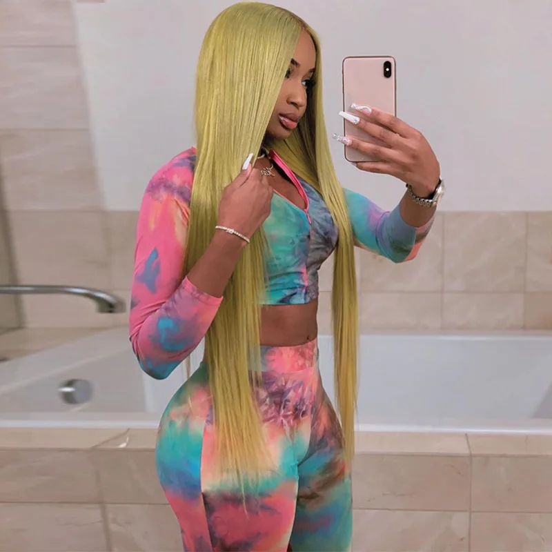 

Donsignet Fashion Women's Suit New Casual V-neck Tie-dye Zipper Top Casual Fashion Suit Two-piece Suit Short Elastic Waist Suit