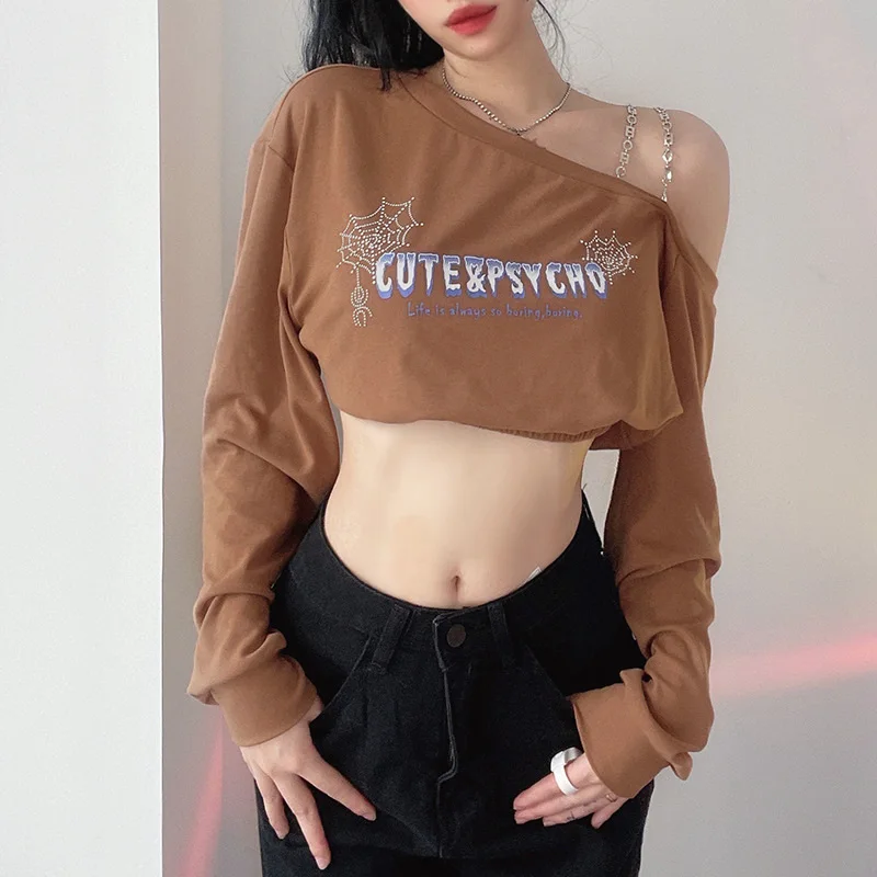 

Retro Tshirts Letters Print Chain Asymmetrical Women Streetwear Cropped Tops Long Sleeve Gothic Tee Y2k T-shirt Graphic Vintage
