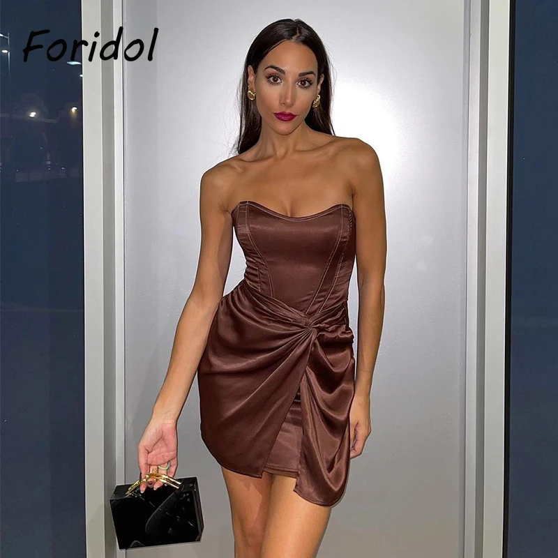 

Вечернее платье Foridol с бантом, рюшами, открытыми плечами, женское летнее клубное мини-платье без рукавов, облегающее сексуальное платье, пла...