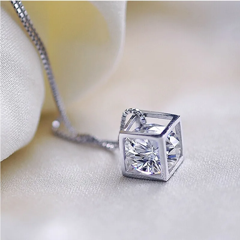 ModaOne 925 Sterling Silver Cube Zircon Pendant Neckace For Women Gift 45cm Box Chain choker collares kolye | Украшения и