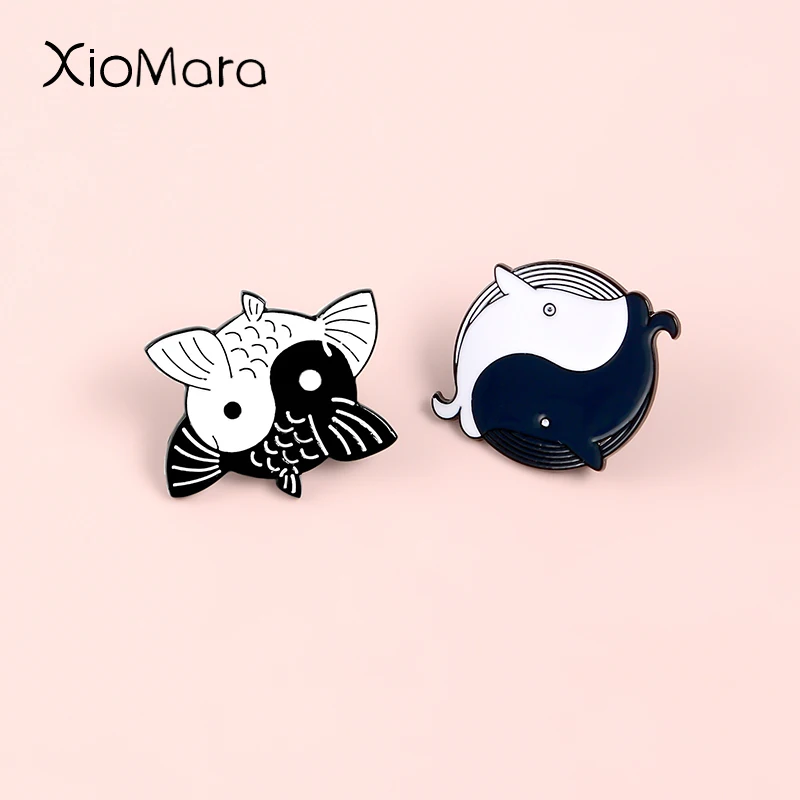 Yin Yang Fish Pins Black White Two Goldfish Whales Round Brooches Badges Animal Jewelry Ocean Lucky Lapel | Украшения и