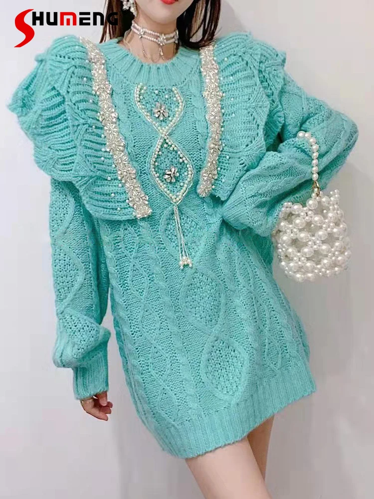 

Women's 2021 Winter New Korean Style Thick O-neck Sweater Ladiesw Sweet Beads Ruffled Stitching Mid-Length Pullover Knitted Top