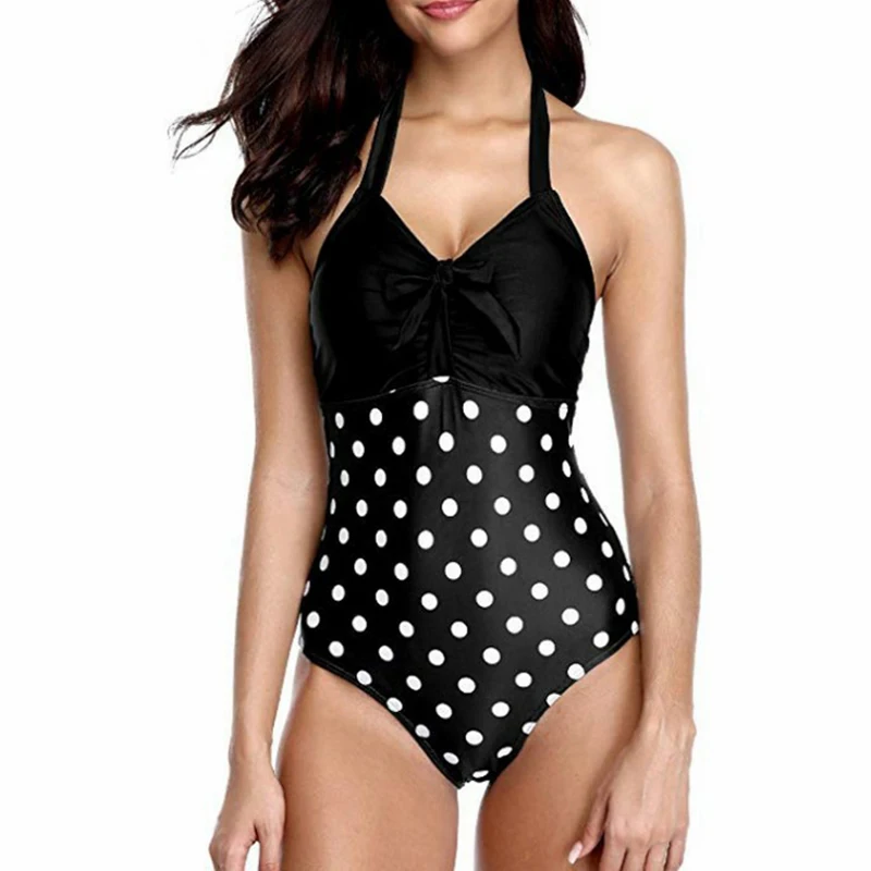 Черный купальный костюм женский купальник цельный с пуш ап принтом в горошек 2020