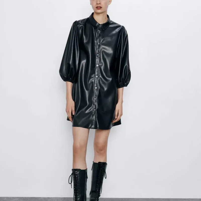 2020 модные осенне зимние женские платья средней длины из искусственной кожи на