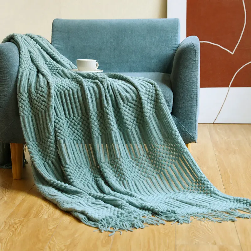 

Nordic Simple Knitted Blanket with Tassel Solid Color Sofa Cover Nap Blanket Breathable Shawl Home Decor Bedspread
