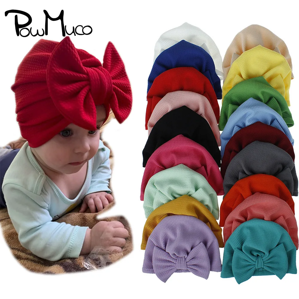 

Powmuco 20*16 CM Solid Color Baby Girls Turban Hats Cute Big Bowknot Infant Caps Handmade Knotted Newborn Headwear Birthday Gift