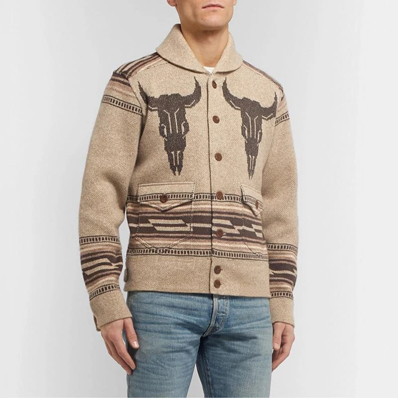 

Winter Mens Warm Coat Fashion Pattern Jacquard Long Sleeve Sweaters Coats Men Casual Knitted Turndown Cardigan Sweater 2021 New
