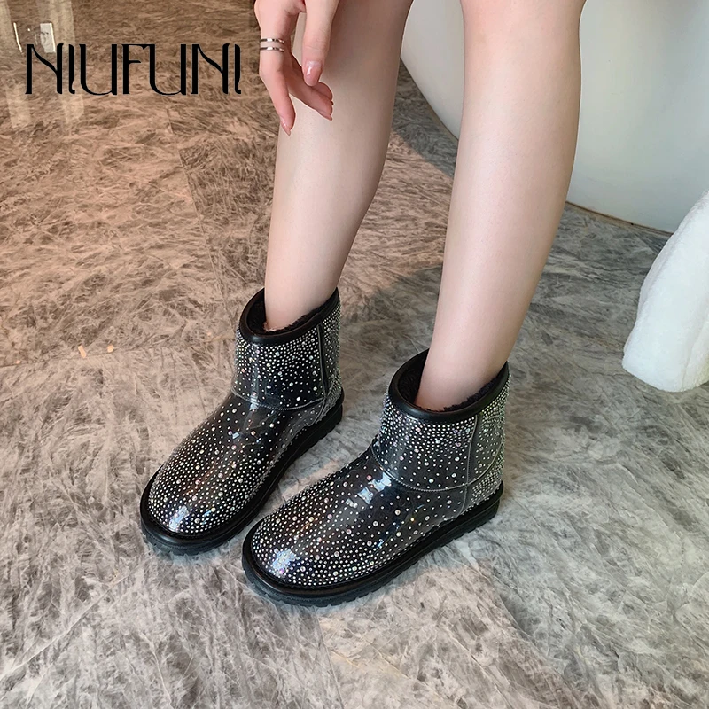 

Winter PVC Transparent Waterproof Watercolour Drill Snow Boots Short Plush Flats Slip-On Women Shoes Warm Platform Cotton Velvet
