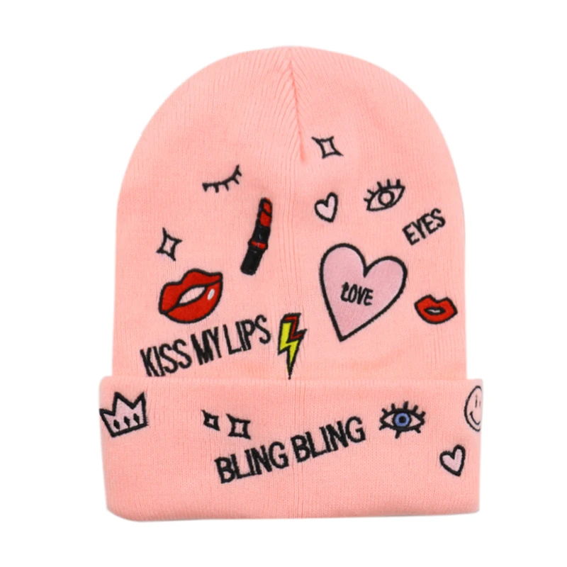 Женская Шапка бини FOXMOTHER вязаная Лыжная шапка белого и розового цвета с вышивкой