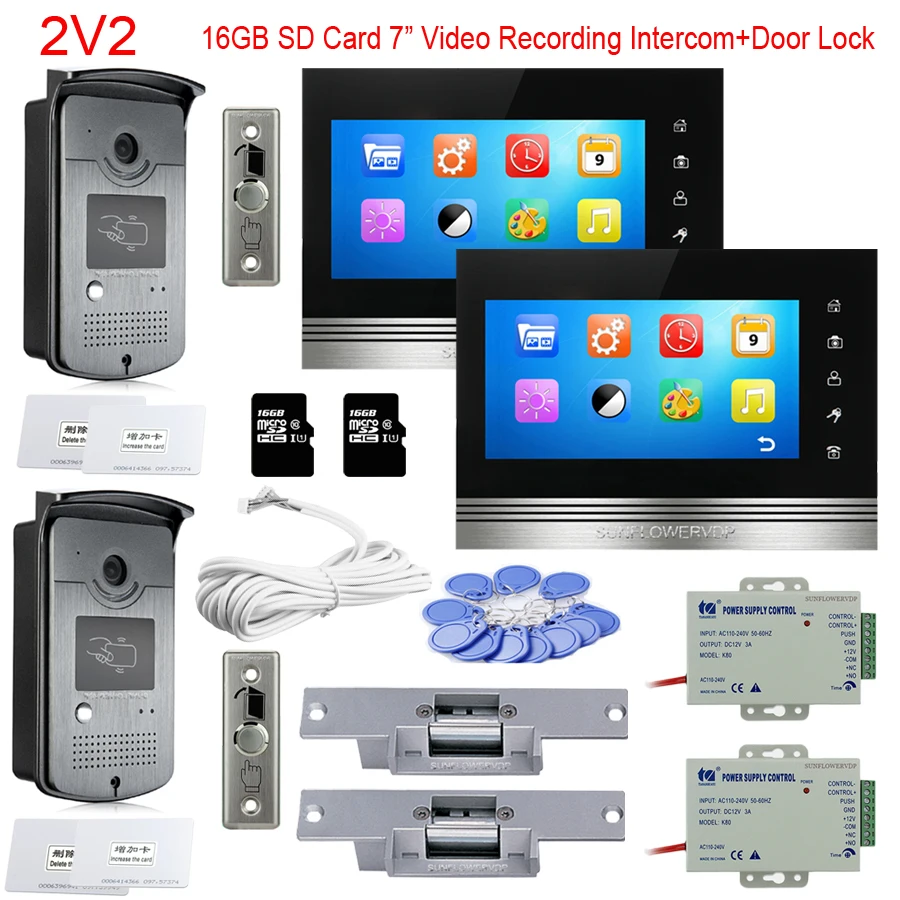 

For 2 Doors Video Door Bell Rfid 16GB SD Card Video Recording 7" Indoor Monitor intercom for home With Electric Door Lock