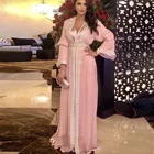 Сладкий розовый марокканский кафтан вечернее платье Дубай мусульманский с длинным рукавом аппликация из шифонового кружева арабское вечернее платье Кафтан платья