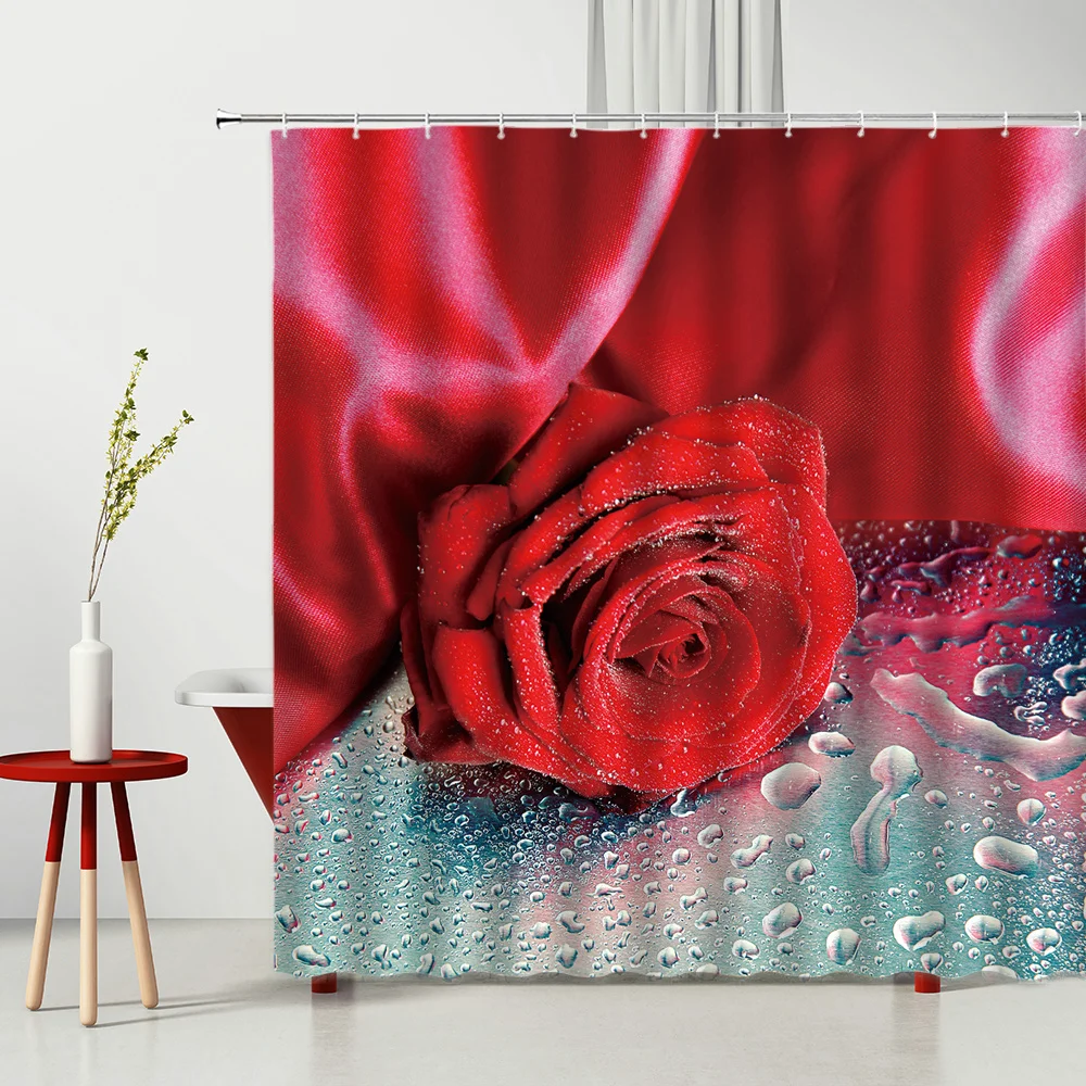 

Valentine's Day Shower Curtain Romantic Flowers And Plants Heart Pattern Rose Love Polyester Fabric Bathtub Decoration