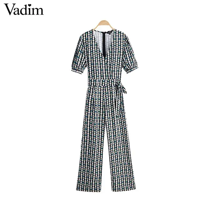 Vadim Женские винтажные Цветочные Комбинезоны с v образным вырезом широкие штаны