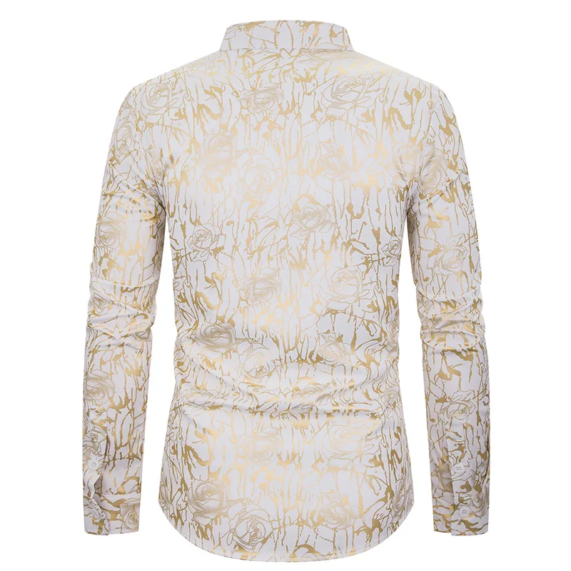 Мужские Золотые рубашки с цветочным принтом приталенная рубашка длинным рукавом