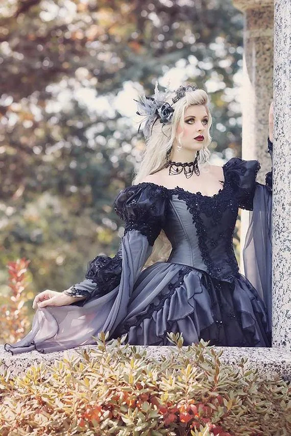

Black Gothic Sleeping Beauty Halloween Medieval Fantasy Wedding Gown plus size lace-up long sleeve gothic wedding dress